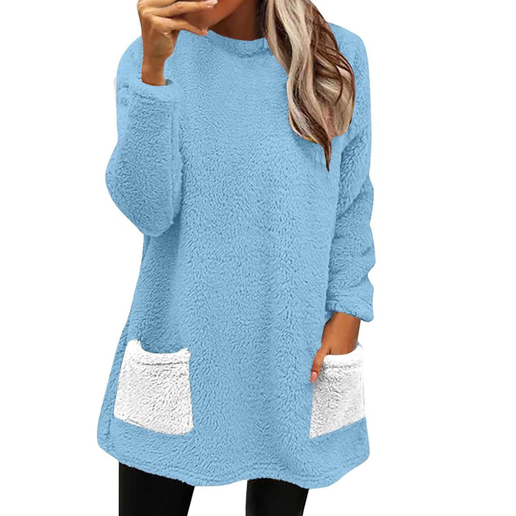 Женская модная повседневная толстовка с длинным рукавом и карманом, цветная плюшевая футболка, топ