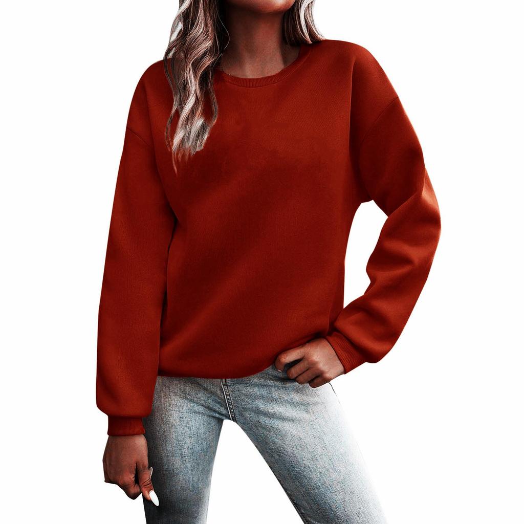 Women's European and American Loose Fit Round Neck Solid Sweatshirt - Autumn/Winter Plus Velvet Long Sleeve Casual Sports Top
