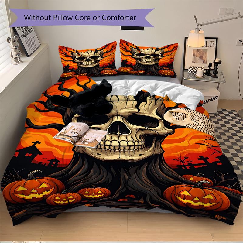 3pcs Halloween Skull Bedding Set - 1 Duvet Cover + 2 Pillowcases(Core Not Included), Machine Washable Polyester yy251216149