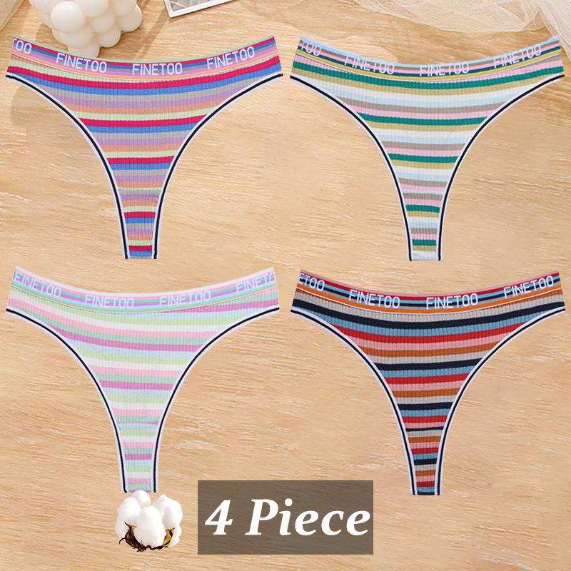 4Pcs/Set Women Cotton Colorful Stripe Panties Sexy Underwear G-Strings Rainbow Thongs Female Soft Breathable Intimates Lingerie