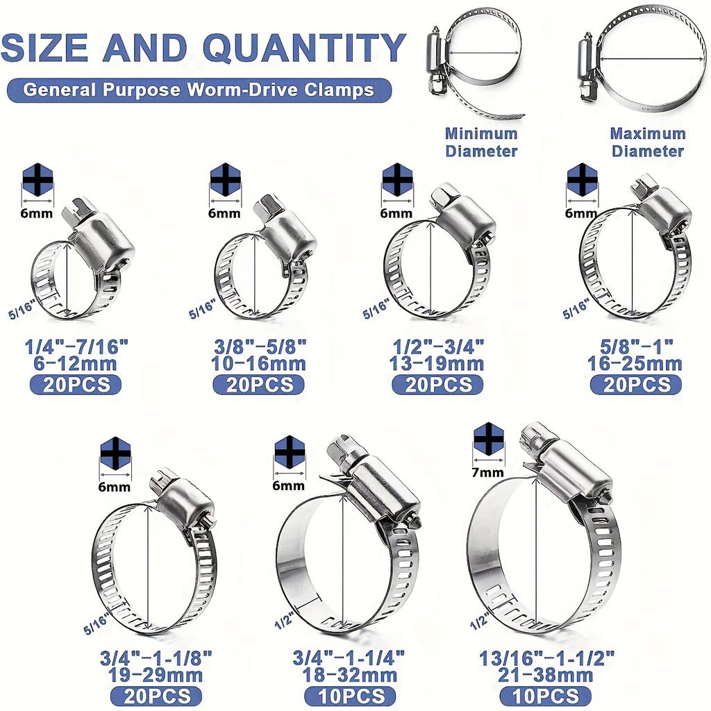 120pcs Stainless Steel Hose Clamp Kit - Easy-Tighten Worm Gear, 1/4" to 1-1/2", Ideal for Plumbing & Auto Projects, Durable Meta