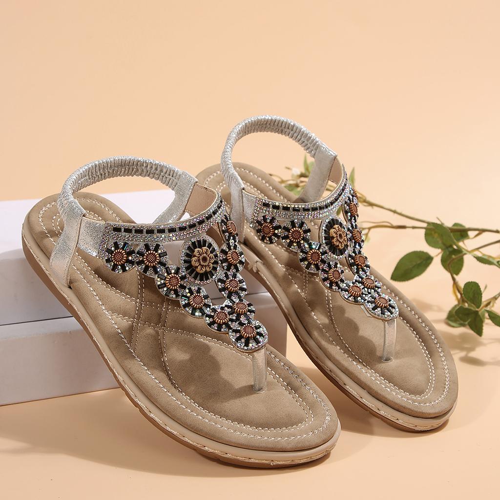 Ladies Strap Flat Sandals Summer Boho Rhinestone Dressy Thong Shoes Elastic Ankle Strap Roman Sandals Comfortable Walking