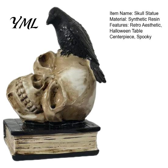 Spooky Gothic Home Decor Accessories Halloween Skull Head Statue, Crow And Book Sculpture, Table Centerpiece Resin Statue for Party Realistic