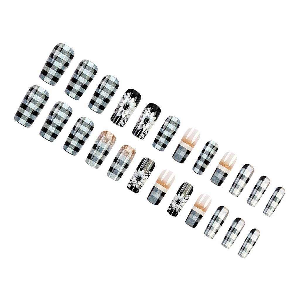 Black White Fake Nails with Flower Printed Reusable Long Lasting Press on Nails for Stage Performance Wear