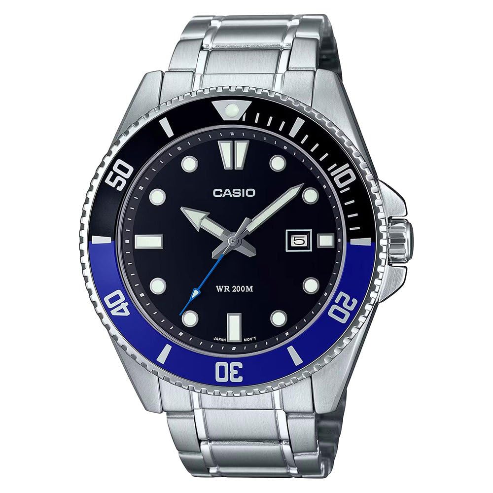 Casio Stainless Steel 200M Bezel Black Dial Anlogo Dive Watch MDV-107D-1A2VDF Black/Blue 3-Hand