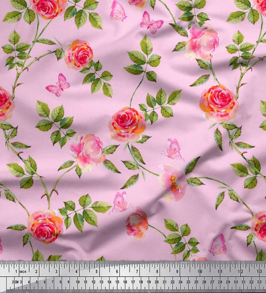 Soimoi Японская креп-сатиновая ткань с листьями, розами и пионами, ткань с цветочным принтом по метрам, 42 дюйма