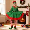 8 Pcs Women Christmas Elf Costume Set Green Xmas Dress Festive Outfit with Elf Ears Hat Shoes Belt Striped Socks