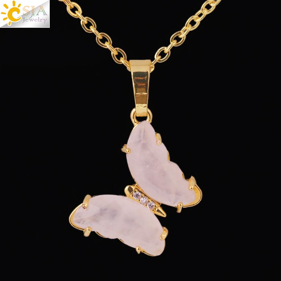 Rock Crystal Necklace Butterfly Necklaces Natural Stone Amethysts Clear Quartz Tiger Eye Pendants Stainless Steel Chain H158