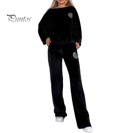 Женский комплект из 2 предметов: топ, брюки, бархатный круглый вырез, рукава «летучая мышь», блузка, широкие брюки, однотонный спортивный костюм на каждый день, осенне-весенний спортивный костюм