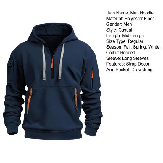 Men Fall Winter Hoodie Solid Color Drawstring Long Sleeves Half Zipper Arm Pocket Strap Decor Hooded Loose Daily Wear Casual Sport Top