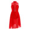 Kids Girls Figure Skating Dance Dress Sleeveless Mock Neck Cutout Back Side Split Asymmetrical Hem Sparkly Rhinestone Dresses