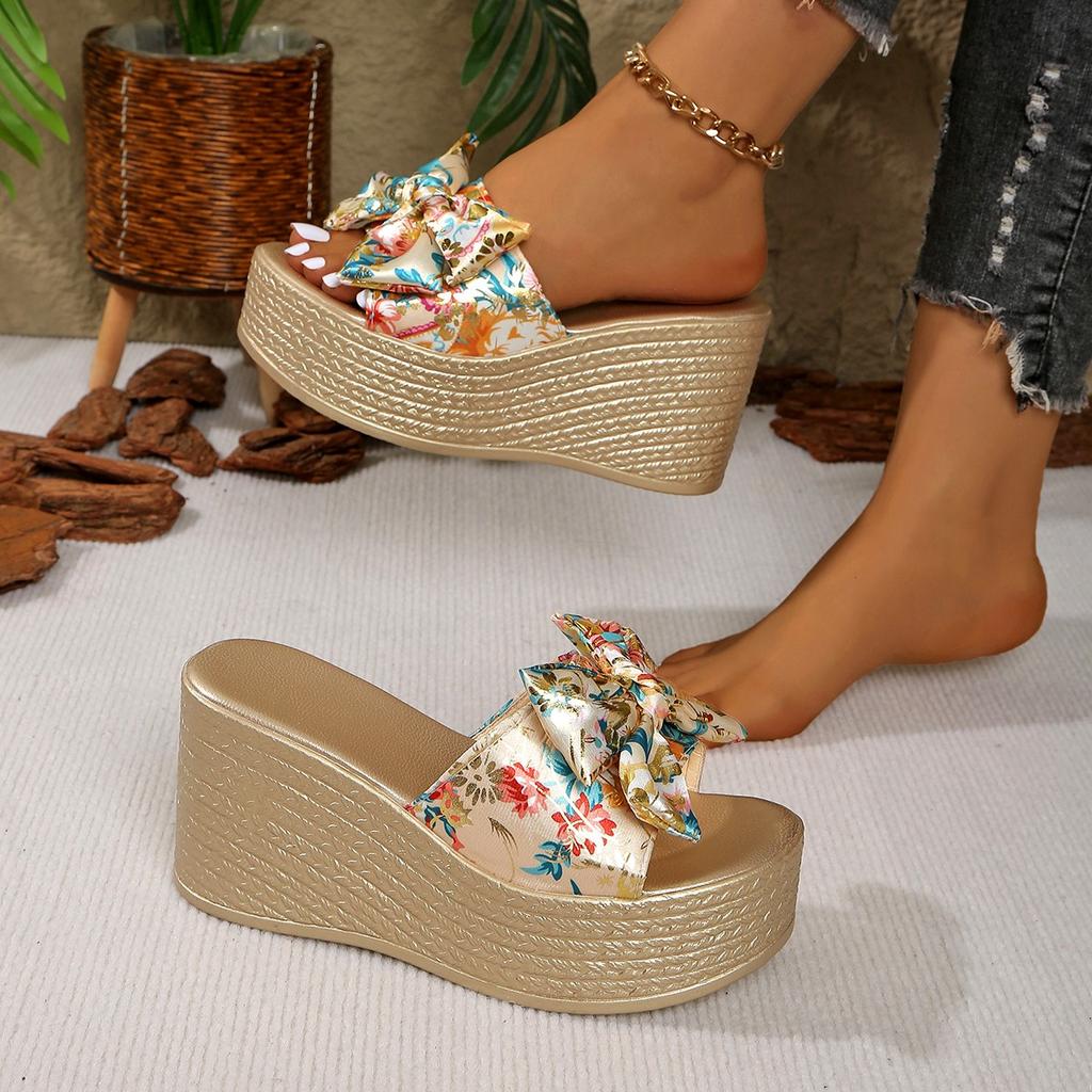 Fashion Wedges Women Shoes 2025 Summer New Shiny Big Butterfly Knot Women's Slipper Super High Heel 9CM Fashion Platform Slides