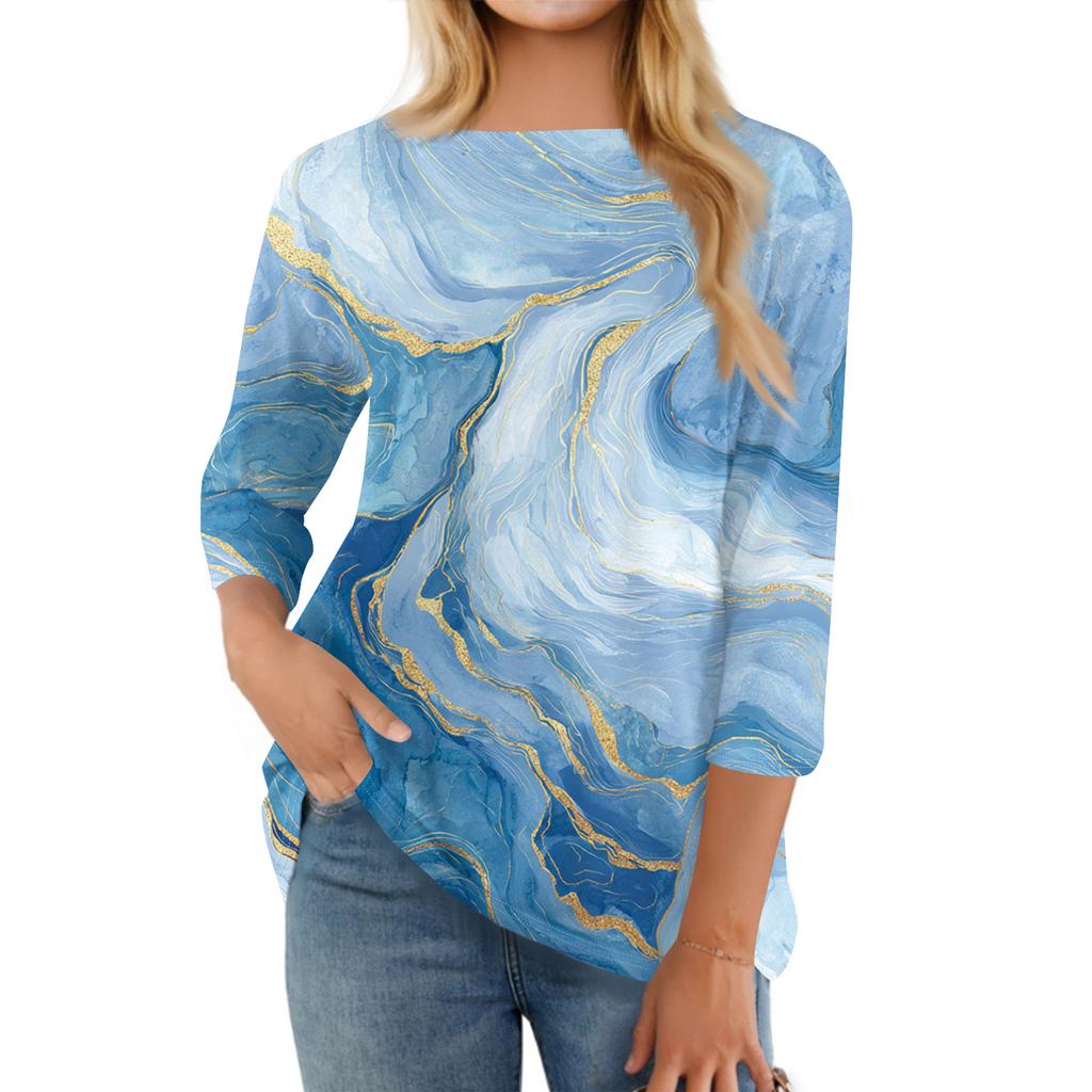 Women's Fashion Casual Round Neck Three-quarter Sleeve Gradient Print T-shirt Top