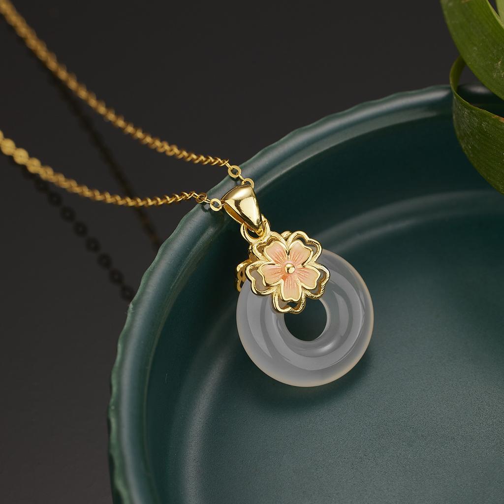 Ожерелье из стерлингового серебра S925 с подвеской в виде пончика с безопасной пряжкой и натуральным белым халцедоном, эмалированная женская мода