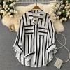 Women's Spring Fall Plus Size Blouse Casual Striped Tops Lady Button Up Lapel Long Sleeve Pocket Loose Shirt