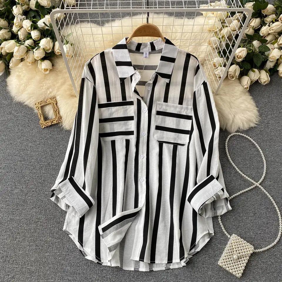 Women's Spring Fall Plus Size Blouse Casual Striped Tops Lady Button Up Lapel Long Sleeve Pocket Loose Shirt