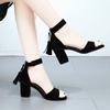 Fashion Thick Heel Sandals Women Summer Wild Large Size High Heel Mid-heel Buckle Sandals Open Toe Flock Pumps Black Shoes 2024