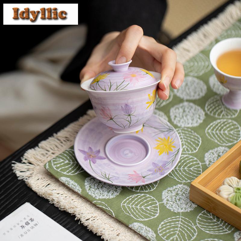 100ml Hand-painted Flowers And Fish Gaiwan Ancient Tea Tureen Tea Bowl With Lid Kit Tea Making Cover Bowl Tea Items Decoration