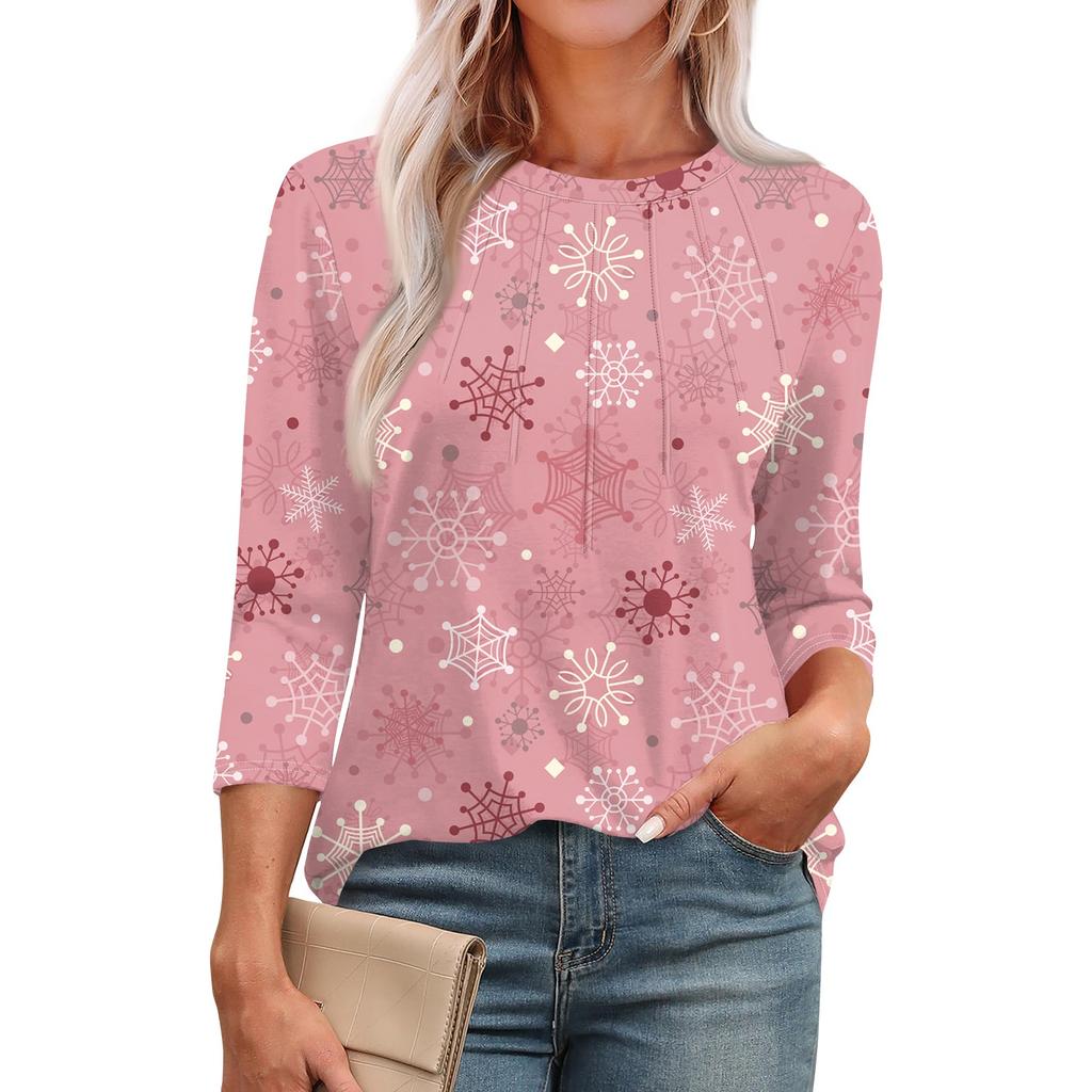 Женская модная футболка с круглым вырезом и рукавом 3/4 с принтом, повседневная, базовая, плиссированная, пуловер