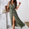 QICED Summer Short Sleeve V-neck Bohemian Polka Dot Print Dress Long Skirt