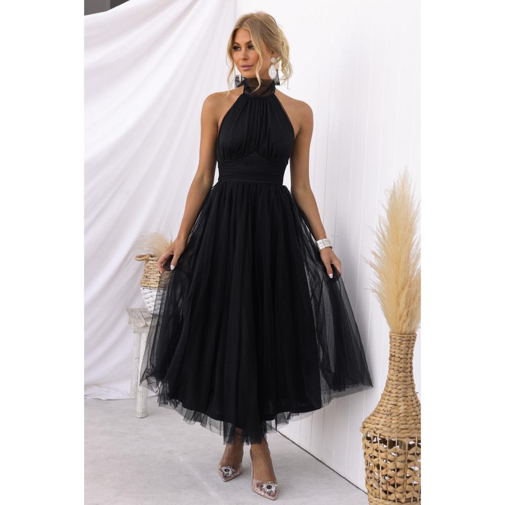 Women Evening Dress Sleeveless Layered Collar Open Back Halter Neck Lace Up High Off Shoulder Mesh Hem