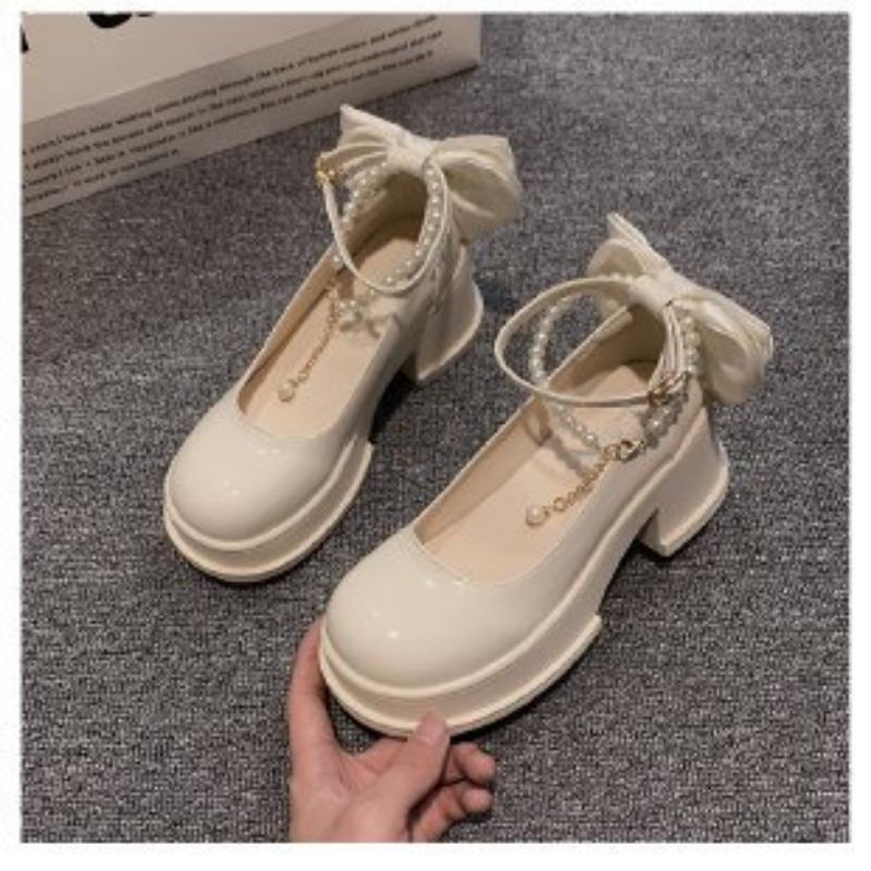 Mary Jane Women's Shoes French Pearl Fashionable All-match Thick Heel Small Leather Shoes