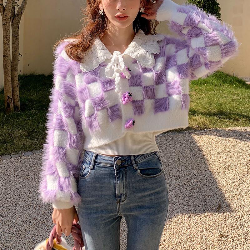 Kawaii милый укороченный свитер, кардиган, женский корейский стиль, фиолетовый клетчатый кашемировый свитер из искусственной норки с v-образным вырезом, кружевной лоскутный свитер