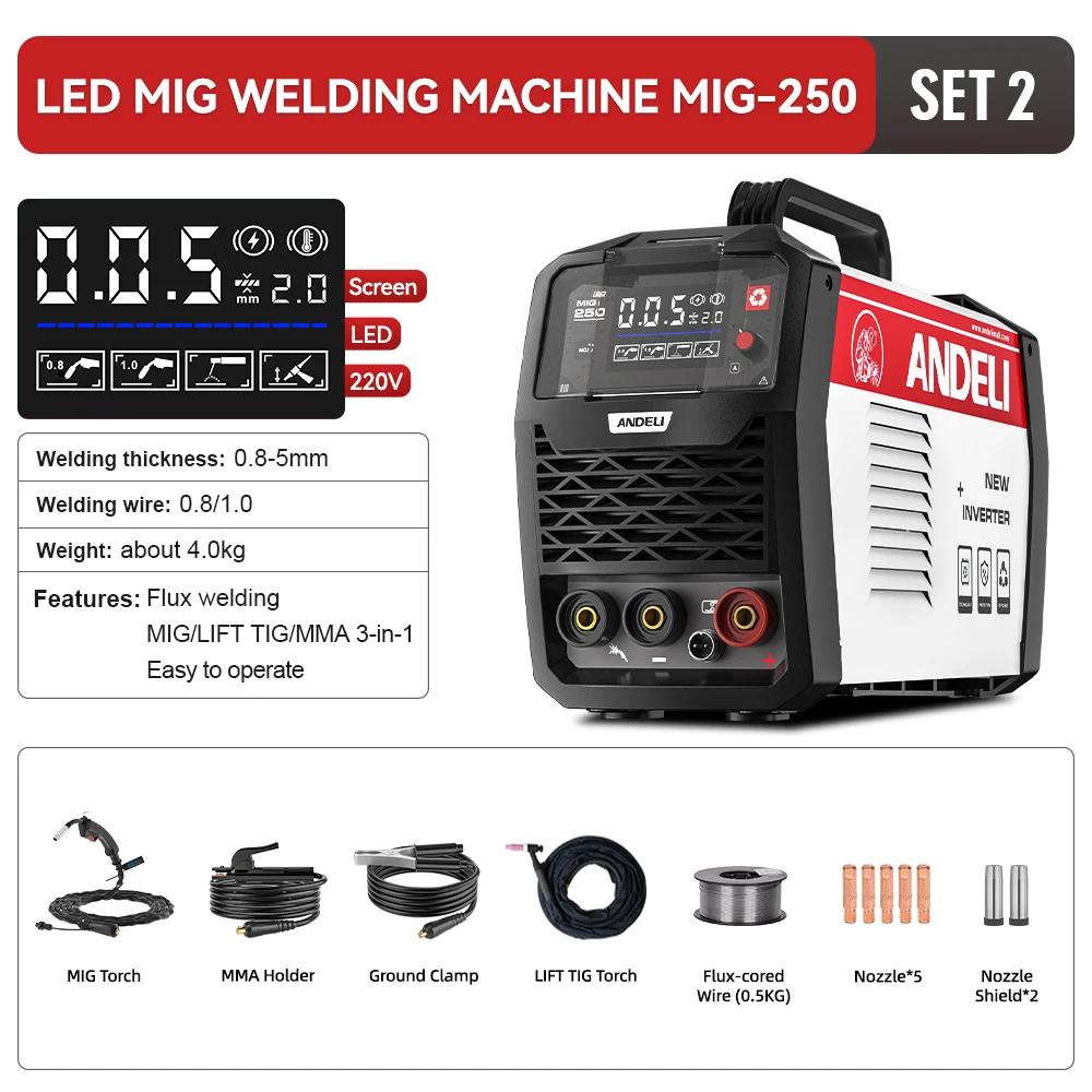 Inverter Semi-automatic Welding Machine ANDELI MIG-250 LED MIG/MMA/LIFT TIG 3 In 1 Multiprocess Welder