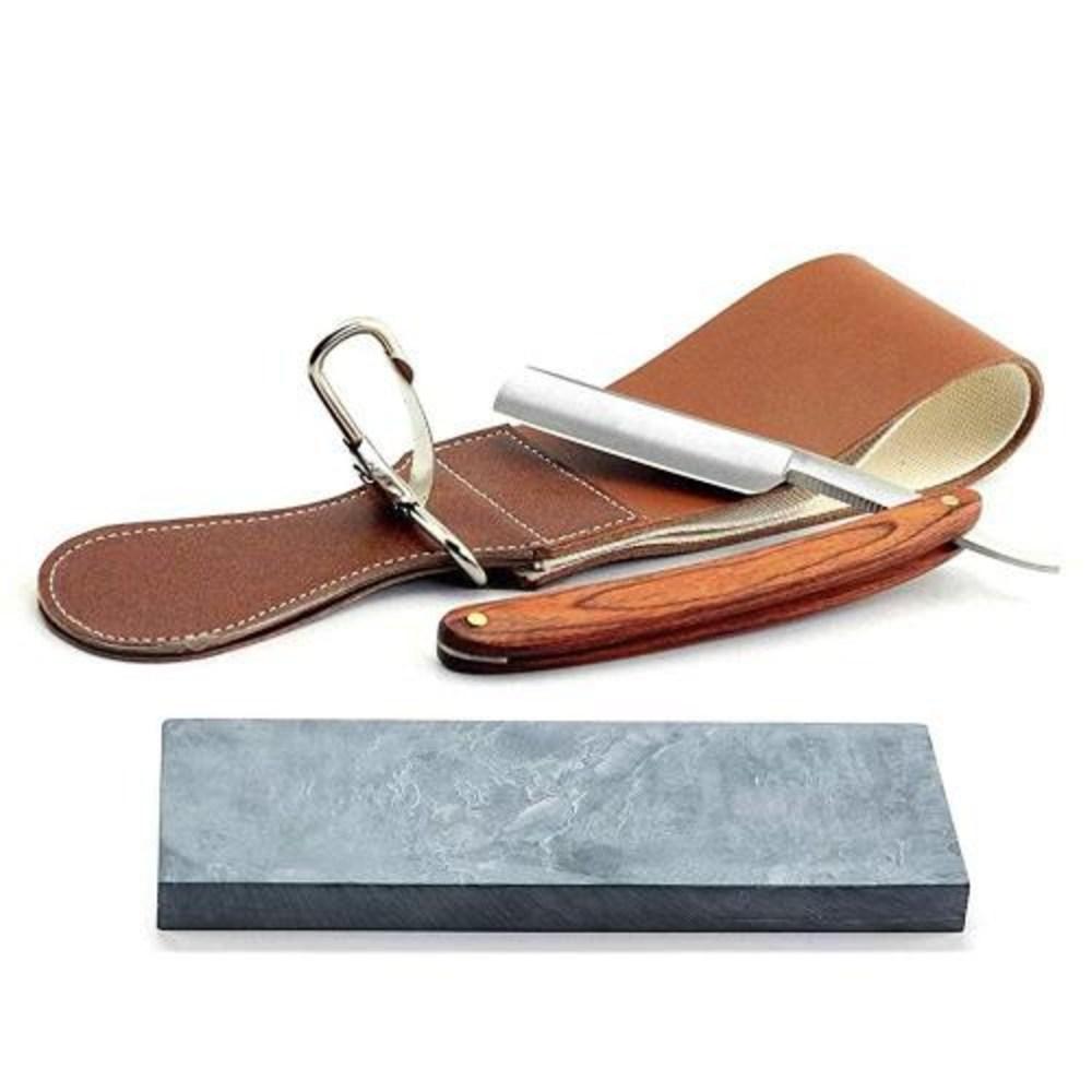 Grandslam Pro Natural Wood Handle 420 Steel Straight Razor Leather Strop Sharpening Stone Side Grit 3000 Waterstone Knife Sharpener, Brown, 1 Piece