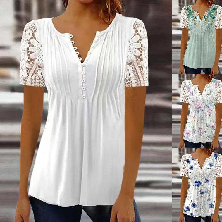 Summer Spring Women's Loose and Comfortable Casual Lace V-Neck Printed Blouse Floral Short Sleeve Elegant Fashion Shirt