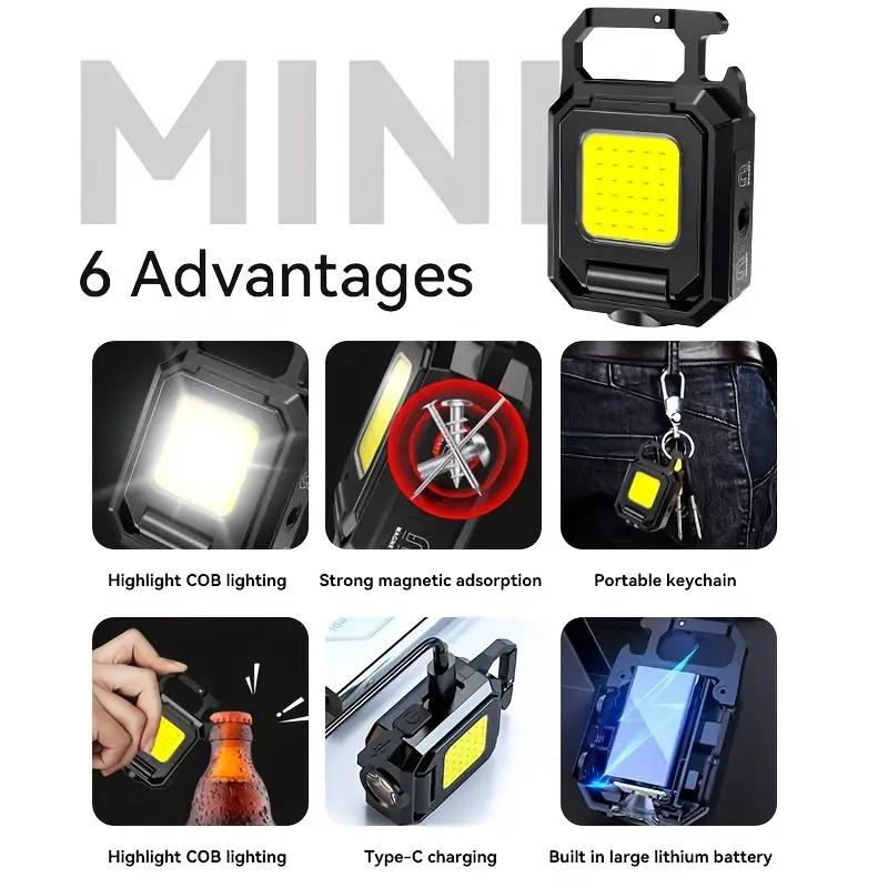 Flashlight Mini Keychain Light COB Work Light USB Rechargeable Lamp with 90° Foldable Side Lights Super Bright Portable Lanterns
