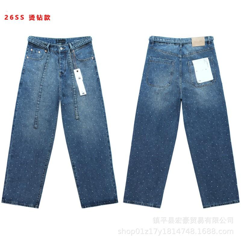 Mens Distressed Straight Leg Denim Pants With Rhinestone Embellishment Mid-Rise Washed Cotton Jeans Streetwear Casual Wear