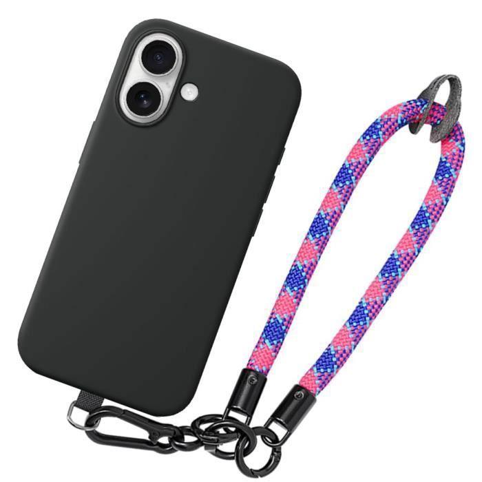 Защитный чехол - BOOLING - для iPhone 16 - Черный силикон - Съемный трехцветный ремешок-шнурок - Ударопрочный