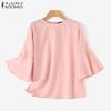 ZANZEA Женская прямая однотонная свободная блузка с круглым вырезом и расклешенными рукавами 3/4