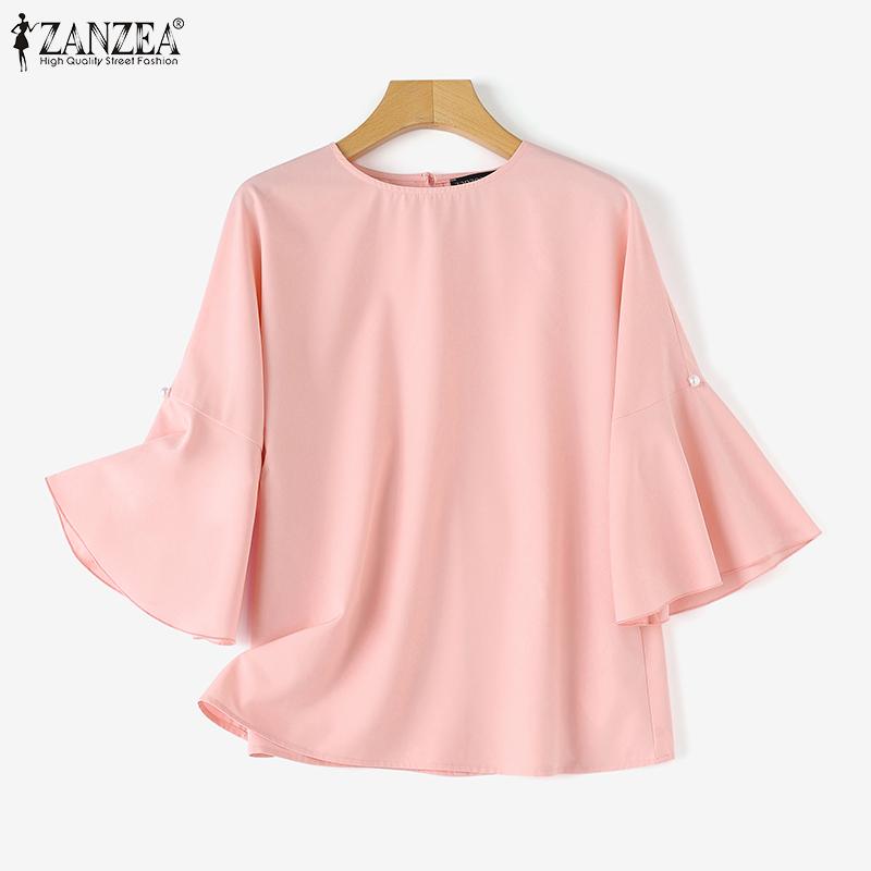 ZANZEA Женская прямая однотонная свободная блузка с круглым вырезом и расклешенными рукавами 3/4