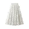 Qooth Women 3D Design Polka Dot Tulle Mesh Skirt Vintage Elastic Waist Long A-line Tutu Skirt QT2176