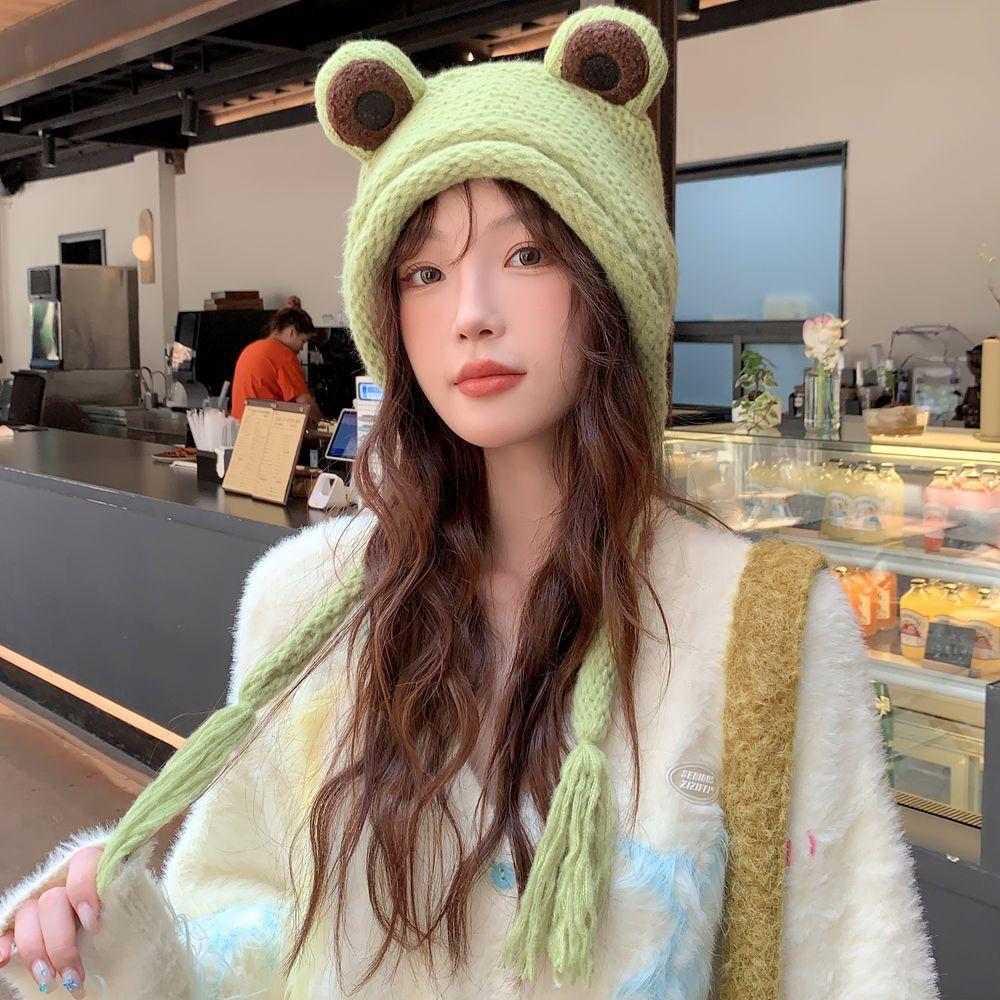 Шапка женская осенне-зимняя симпатичная пуловерная шапка-ушанка интернет знаменитость мультфильм наушники лягушка вязаная шерсть волосы с шапкой прилив