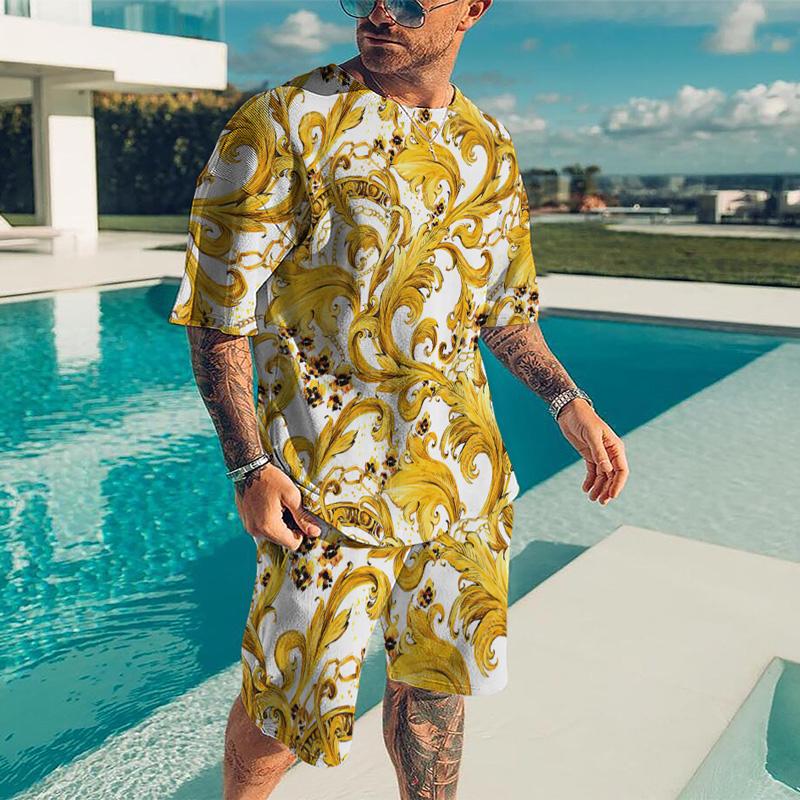 Летний быстросохнущий мужской спортивный комплект, состоящий из 2 предметов с 3D-печатью, золотой линией, черный комплект, мужская футболка в европейском роскошном стиле + пляжные брюки