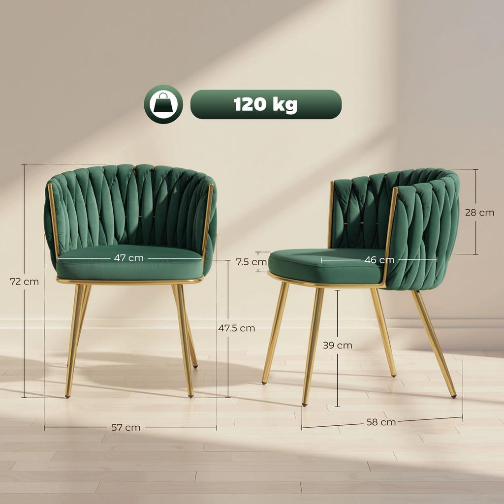 Velvet-Feel Dining Chairs Set of 2, Modern Upholstered Kitchen Chairs with Woven Backrest and Armrests, Metal Legs and Padded Seat for Dining Room