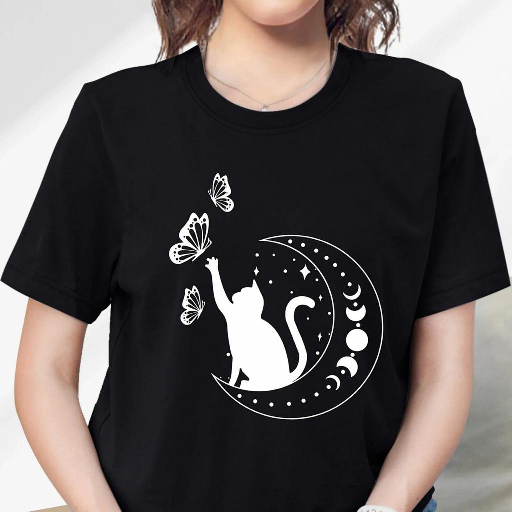 Cat & Butterfly & Moon Graphic Causal Sports T-shirt, Short Sleeves Round Neck Workout Tops, Women's Activewear