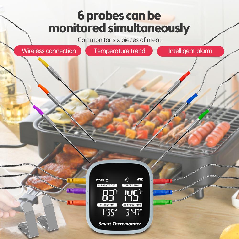 Беспроводной термометр для мяса, ЖК-цифровой термометр для гриля с сигнализацией, 6 магнитных зондов, 164 фута BT