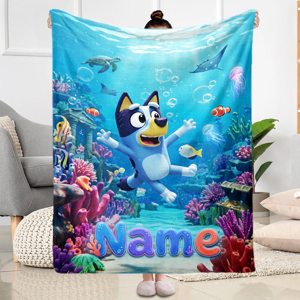 Bluey's Beach Adventure Customize Text Blanket Throw Personalized Blanket Warmthful Decor Perfect for Office Seaside Chair Office Chair All-Season Use
