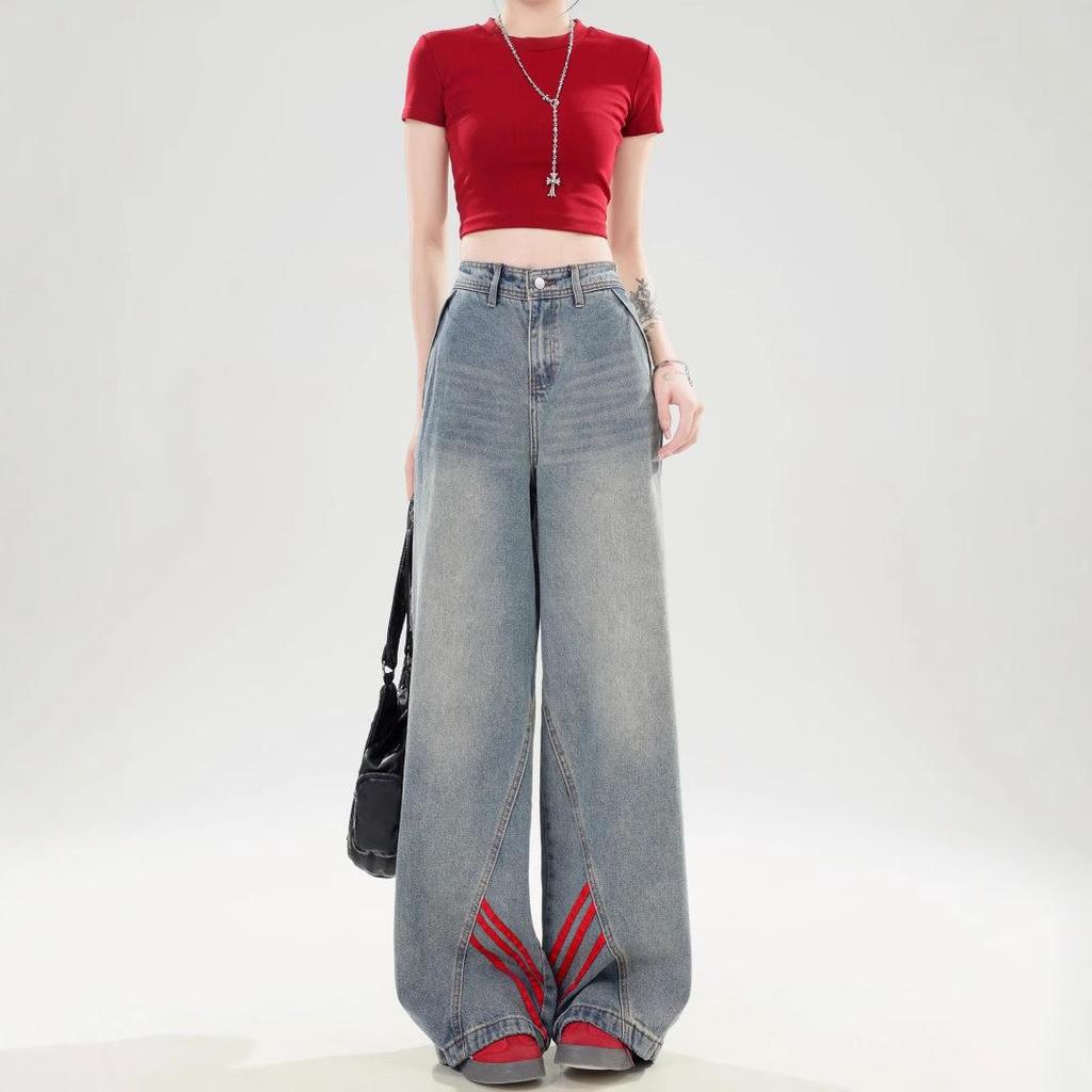 Plus Size High Waist Loose-Fit Patchwork Striped Wide-Leg Jeans for Women