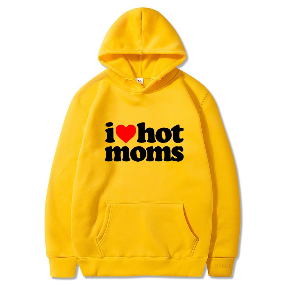 Толстовки унисекс с капюшоном I Love Hot Moms, забавные толстовки с красным сердцем Love Moms, женская толстовка унисекс, повседневный пуловер большого размера, одежда унисекс