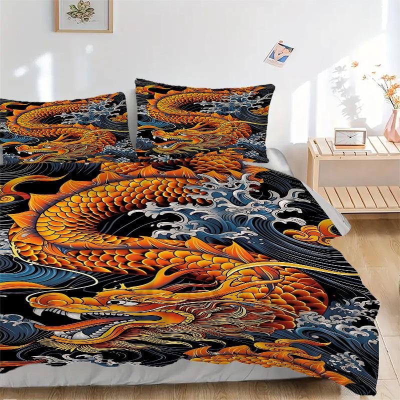 3pcs Dragon Wave Design Duvet Cover Set - Machine Washable, Includes 1 Cover and 2 Pillowcases, No Core Included yy251013136