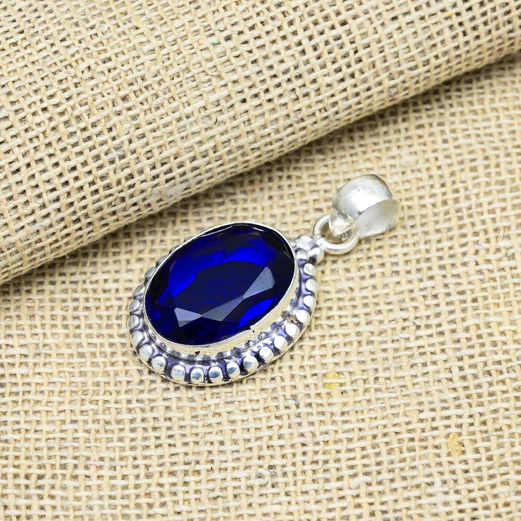 Синий сапфир, выращенный в лаборатории драгоценный камень, 925 пробы стерлингового серебра, кулон ручной работы на День благодарения