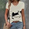 Женская одежда Футболка Новая V-образная горловина с коротким рукавом и рисунком кошки Модный топ Летняя свободная и дышащая одежда Женская футболка