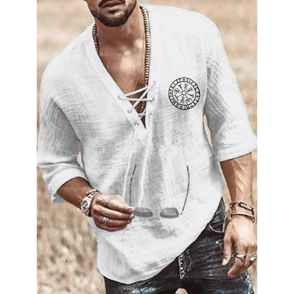 Men's Spring Summer Casual Fashion Drawstring Cotton Linen Solid Colour V-neck Long Sleeve