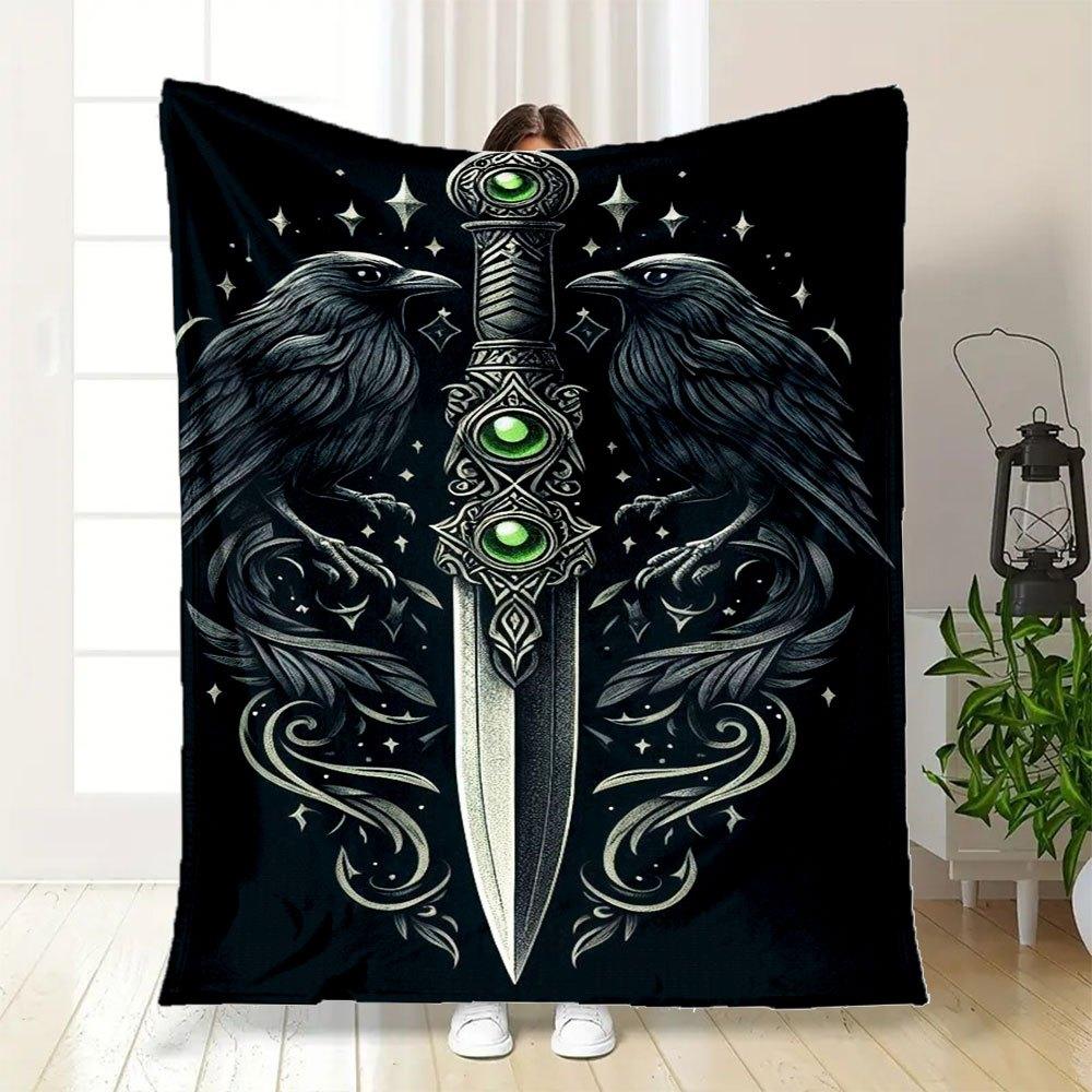 "Raven & Sword: Mystical Tattoo Design Art Print"Blanket Flannel Throw Blanket for Sofa, Bed, Travel, Camping, Office, Couch, Chair, And Bed