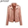 BITCED Короткая кожаная куртка на весну/осень для женщин, приталенная, с воротником, байкерская куртка с косой молнией